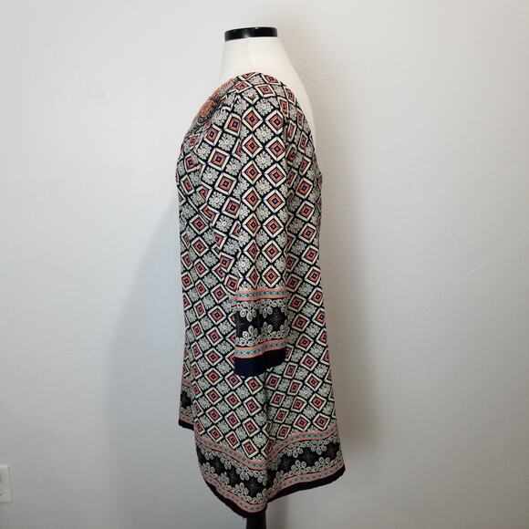 Harper Dress Size Large Shift Beaded Boho 3/4 Sleeve Geometric Batik Pattern - Picture 2 of 13